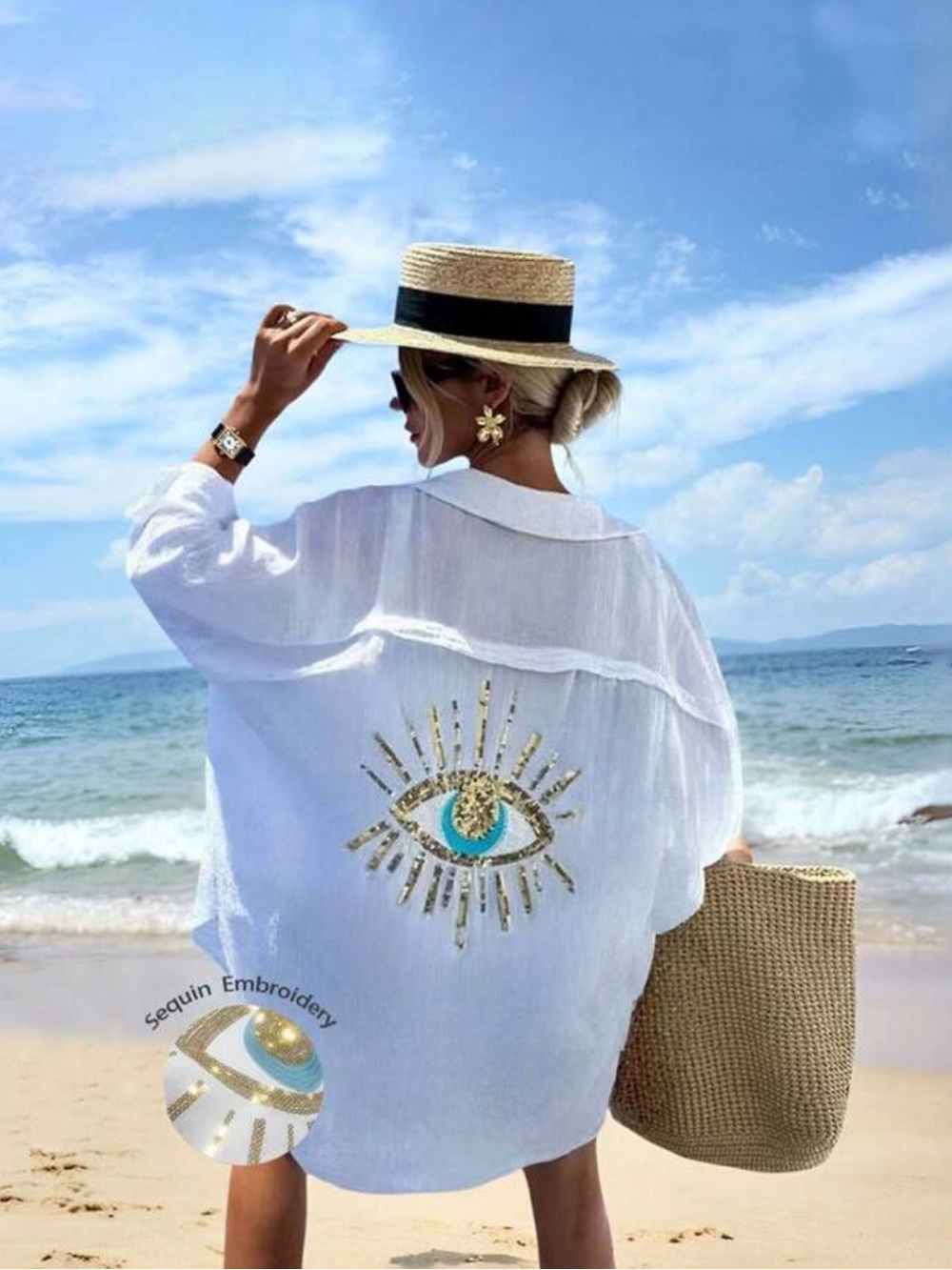 Women’s Cover Up Greek Eye Sparkle Long Sleeve White Swim Beach